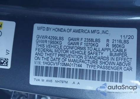 2021 Honda Accord Lx z USA, uszkodzony, nr VIN 1HGCV1F10MA017144